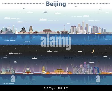 Beijing City Skyline bei Tag und Nacht Vector Illustration Stock Vektor