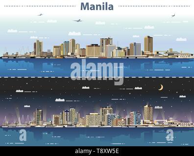 Manila City Skyline bei Tag und Nacht Vector Illustration Stock Vektor