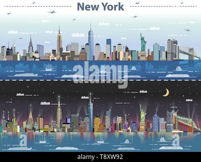 New York City Skyline bei Tag und Nacht Vector Illustration Stock Vektor