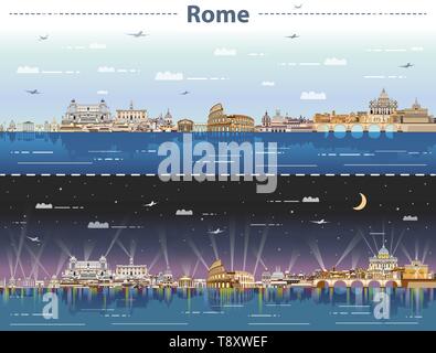 Stadt Rom Skyline bei Tag und Nacht Vector Illustration Stock Vektor