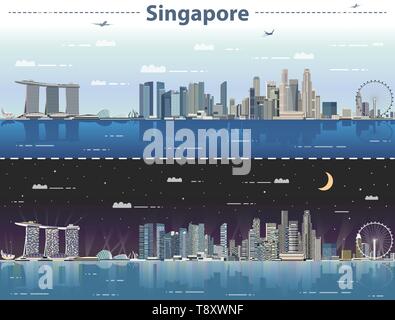 Singapur Skyline der Stadt bei Tag und bei Nacht Vector Illustration Stock Vektor