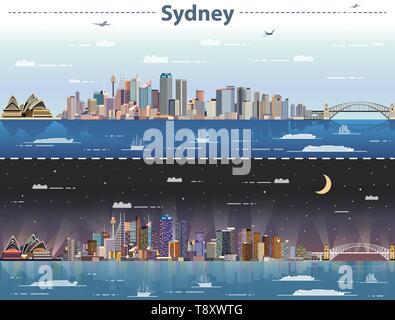 Sydney Skyline der Stadt bei Tag und bei Nacht Vector Illustration Stock Vektor