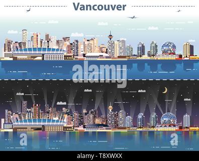 Vancouver City Skyline bei Tag und Nacht Vector Illustration Stock Vektor