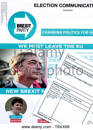 Die Brexit Partei Wahlen zum Europäischen Parlament 2019 Kampagne Faltblatt und polling Karte Stockfoto