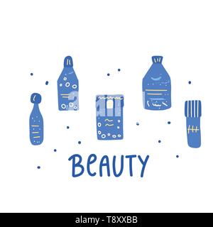 Satz von Schönheit. Hygiene Fläschchen, Röhrchen und Pakete im flachen Stil. Vector Illustration. Stock Vektor