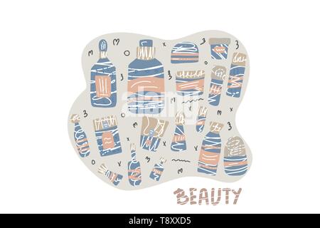 Satz von Schönheit. Hygiene Fläschchen, Röhrchen und Pakete im flachen Stil. Vector Illustration. Stock Vektor