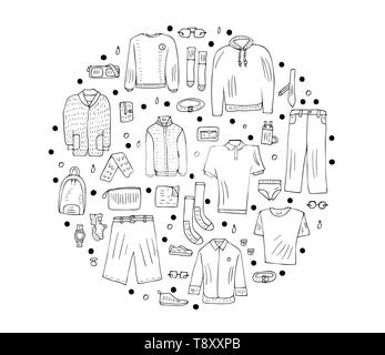 Runde Konzept der Männer Bekleidung und Accessoires in Doodle style Set. Sammlung der männlichen Kleidung, Schuhe isoliert auf weißem Hintergrund. Vector Illustration. Stock Vektor