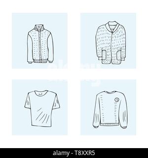 Männer Bekleidung in doodle Stil. Sammlung der männlichen Kleidung. Vector Illustration. Stock Vektor