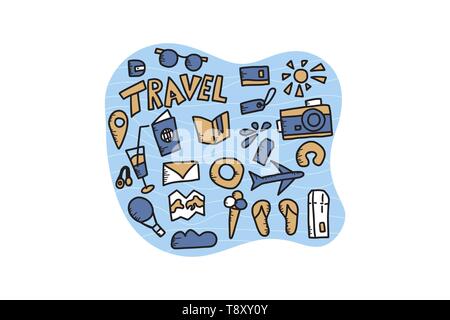 Satz von Reisen Symbole in doodle Stil. Handdrawn reise Elemente auf weißem Hintergrund. Vector Illustration. Stock Vektor