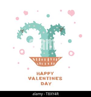 Happy Valentines Tag Grußkartenvorlage. Handschriftliche Beschriftung mit niedlichen Kakteen. Vector Illustration. Stock Vektor