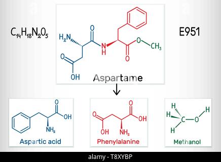 Aspartam, Asparaginsäure, Phenylalanin und Methanol Molekül. Zucker ersetzen und E951. Strukturelle chemische Formel. Vector Illustration Stock Vektor