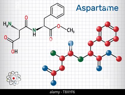 Aspartam, APM, Molekül. Zucker ersetzen und E951. Blatt Papier in einem Käfig. Strukturelle chemische Formel und Molekül-Modell. Vector Illustration Stock Vektor