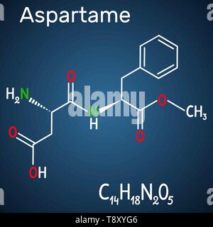 Aspartam, APM, Molekül. Zucker ersetzen und E951. Strukturelle chemische Formel und Molekül Modell auf dem dunkelblauen Hintergrund. Vector Illustration Stock Vektor