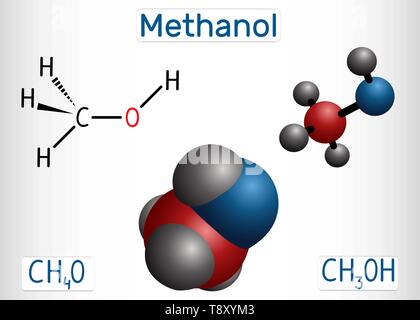 Methanol, Methylalkohol, Molekül. Zucker ersetzen und E951. Strukturelle chemische Formel und Molekül-Modell. Vector Illustration Stock Vektor