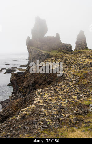 Hochformat von Londrangar, Island an einem nebligen Tag zeigen, die Klippen und die Küste. Stockfoto