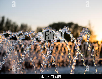 Jets von Wasser im Brunnen auf einem verschwommenen Hintergrund. Brunnen Nahaufnahme bei Sonnenuntergang Stockfoto