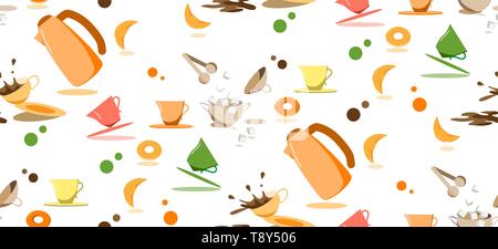 Nahtlose Muster mit Tee, Kaffee, Einstellung in hellen Farben. Gerichte. Hintergrund für Menü, Geschenkpapier. Vector Illustration. Stock Vektor