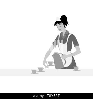 Hübsche maid gießt Kaffee zum Frühstück. Zeichentrickfigur Beruf. Vector Illustration Stock Vektor