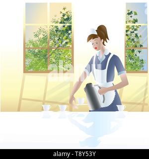 Hübsche maid gießt Kaffee zum Frühstück. Zeichentrickfigur Beruf. Vector Illustration Stock Vektor