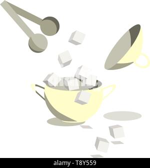 Sugar Bowl und Zange mit würfelzucker Close-up. Flat Style Vector Illustration Stock Vektor