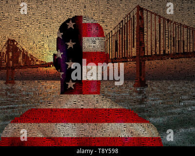 In uns Mensch nationalen Farben steht vor der Golden Gate Bridge. Bild aus Worten Stockfoto