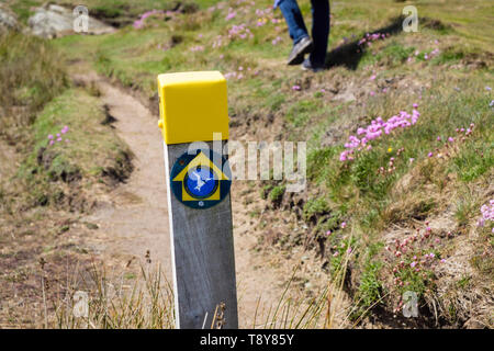 Zweisprachige Küste Fußweg Schild Beschilderung auf Küstenweg nach Borthwen von Silver Bay mit einer Person zu Fuß. Rhoscolyn, Isle of Anglesey, Wales, Großbritannien Stockfoto