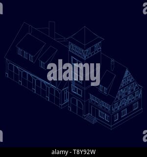 Drahtmodell an den Bau der blauen Linien auf einem dunklen Hintergrund. 3D. Isometrische Ansicht. Vector Illustration Stock Vektor