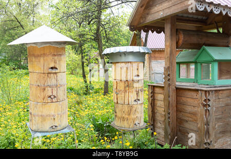 Bienenvölker mit verschiedenen Arten von Metall Dächer und Holz- Stecker. Stockfoto