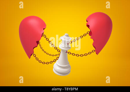 3D-Rendering des Weißen chess Queen verkettete zwischen zwei gebrochene Rotes Herz stücke auf gelbem Hintergrund Stockfoto