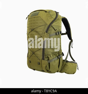 Grüne Wanderrucksack für Jäger Camouflage mit seitlichen Taschen auf weißem Hintergrund, Stockfoto