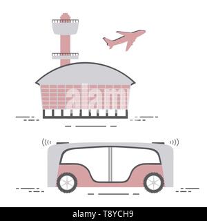 Selbstfahrer Transport der Passagiere zum Flughafen. Automatisierte Bus, autonome Fahrzeug, fahrerlose Bus. Den wissenschaftlichen und technischen Fortschritt. Neue techn Stock Vektor