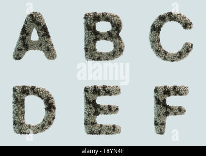 3D-Render von Pelz Alphabet (Buchstaben, Zahlen und am häufigsten verwendeten Symbole). Einschließlich Freistellungspfaden. Stockfoto