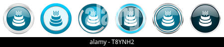 Kuchen silber metallic Chrom Grenze Symbole in 6 Optionen, von Web blau runde Tasten auf weißem Hintergrund einstellen Stockfoto