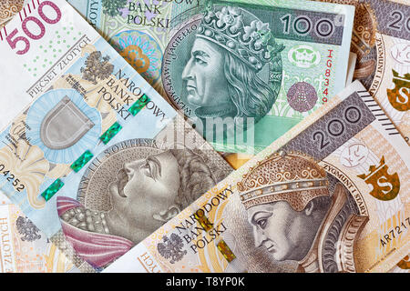 Neue polnische 100, 200, 500 zloty Banknoten, Makro Foto Stockfoto