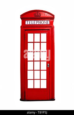 Iconic red Britische Telefonzelle auf weißem Hintergrund Stockfoto