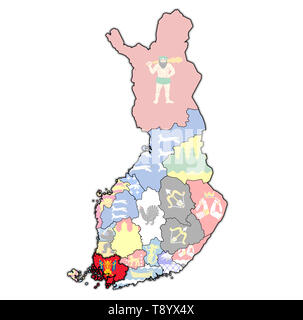 Gebiet Südwesten Finnland Region auf der Karte von administrativen Abteilungen der Finnland mit Freistellungspfad Stockfoto