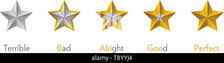 Sterne Symbole mit 5 Sternen. Schrecklich, schlecht, Okay, gut, perfekt Rang gesetzt. Qualität feedback Erfahrung Konzept. Isolierte vektor Abzeichen für Stock Vektor
