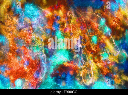 Abstrakte künstlerische Hand gemalte Aquarell, Orange, Gelb, Blau, Türkis Farben Palette Stockfoto