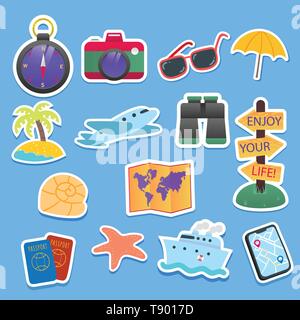 Vektor reisen Aufkleber und Etiketten mit berühmten Länder, Städte, Sehenswürdigkeiten, Fahnen und Symbole im Retro oder Vintage Style eingestellt. Mit Italien, Frankreich, Rus Stock Vektor