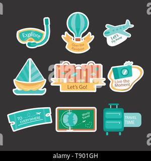 Vektor reisen Aufkleber und Etiketten mit berühmten Länder, Städte, Sehenswürdigkeiten, Fahnen und Symbole im Retro oder Vintage Style eingestellt. Mit Italien, Frankreich, Rus Stock Vektor