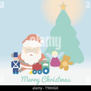 Weihnachtsmann mit Spielzeug spielen unter den Weihnachtsbaum. Süße Frohe Weihnachten Vektor. Stock Vektor