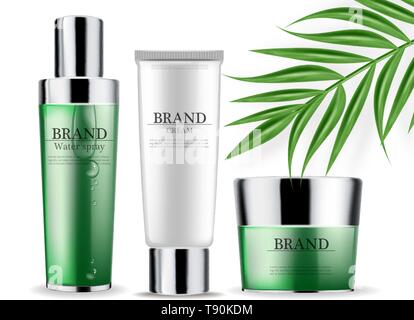 Kosmetik grün Creme und Spray isoliert Vektor realistisch. Produkt Verpackung mockup. Detaillierte Flaschen mit Label Design. 3d Vorlage Abbildung Stock Vektor