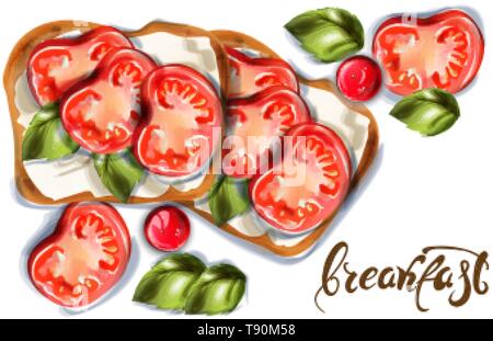 Frühstück Toast mit Ziegenkäse und Tomaten Vektor Aquarell. Köstliche Mahlzeit Stock Vektor