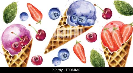 Eis und Früchte des Sommers Vektor Aquarell. Delcious dessert Abbildung Stock Vektor