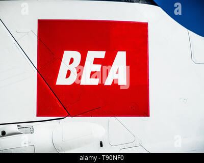 BEA Logo auf einem historischen Trident zwei Airliner in Duxford Air Museum, Teil des historischen Airliner Collection. British European Airways (1946 bis 1974) Stockfoto