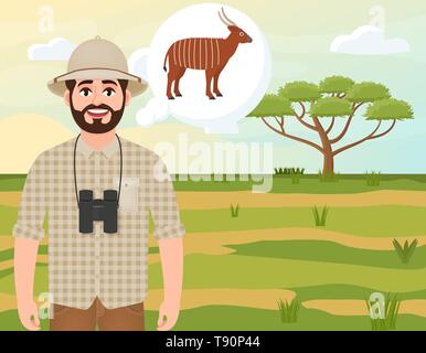 Glückliche Menschen in Cork hat, Tier Hunter denkt über bongo Antilopen, Landschaft, Safari, akazie Regenschirm, afrikanischen Landschaft, Vector Illustration Stock Vektor