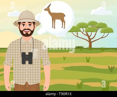 Glückliche Menschen in Cork hat, Tier Hunter denkt über gazelle Dorcas, Landschaft safari, akazie Regenschirm, afrikanischen Landschaft, Vector Illustration Stock Vektor