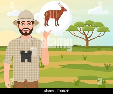 Glückliche Menschen in Cork hat, Tier Hunter denkt über bongo Antilopen, Landschaft, Safari, akazie Regenschirm, afrikanischen Landschaft, Vector Illustration Stock Vektor