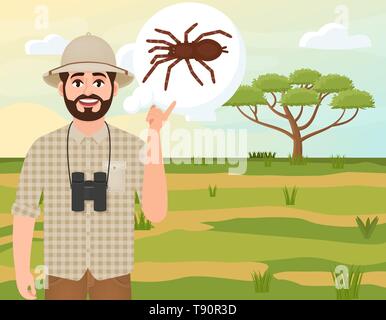 Glückliche Menschen in Cork hat, Tier Hunter denkt über Spider, Safari Landschaft, akazie Regenschirm, afrikanischen Landschaft, Vector Illustration Stock Vektor