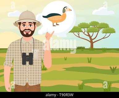 Glückliche Menschen in Cork hat, Tier Hunter denkt der Zwerg Gans, Safari Landschaft, akazie Regenschirm, afrikanischen Landschaft, Vector Illustration Stock Vektor